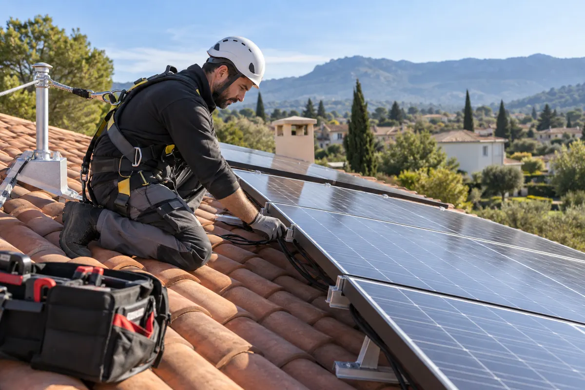 Installateur photovoltaïque fixant des panneaux solaires sur une toiture en tuiles